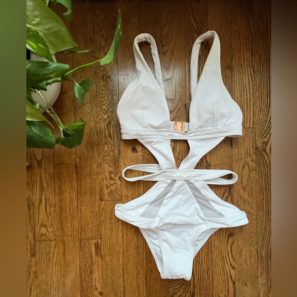 KOPPER & ZINC strappy white one-piece bathing suit with gold toned hardware